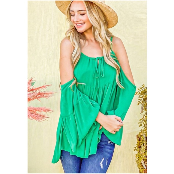 08 Boho Green Cold Shoulder Loose Fit Blouse - Picture 5 of 5